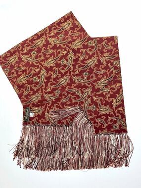 Paul Stuart Men's Doubled Dress Scarf 100% Silk Red Gold Paisley Fringe 12x63"